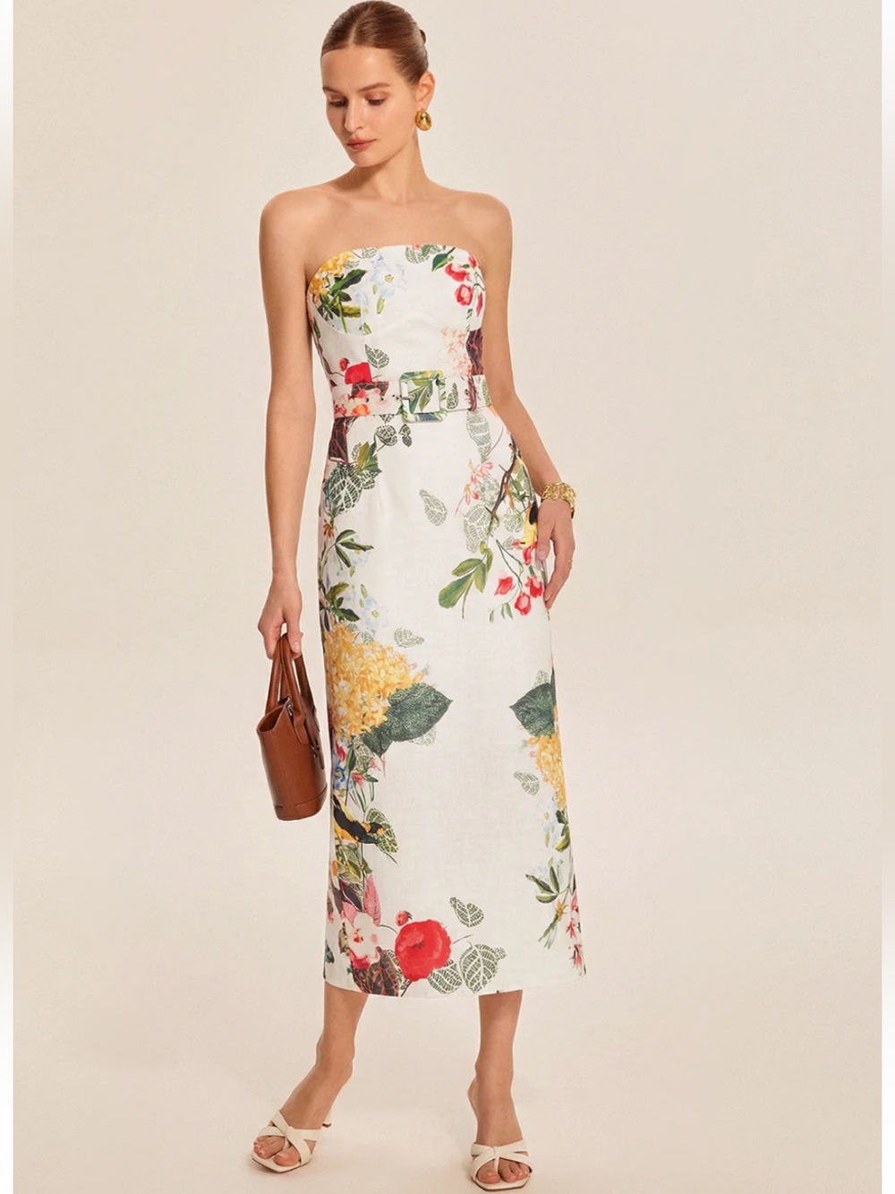 Commense Strapless Belted Floral Print Maxi Dress Size Large NWT